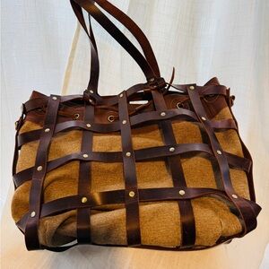 Parisian Designer Artist’s Dark Brown Leather Lattice Tote w/ Canvas Insert